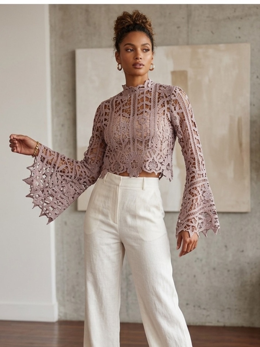 Crochet Lace Bell-Sleeve Crop Top - Mauve